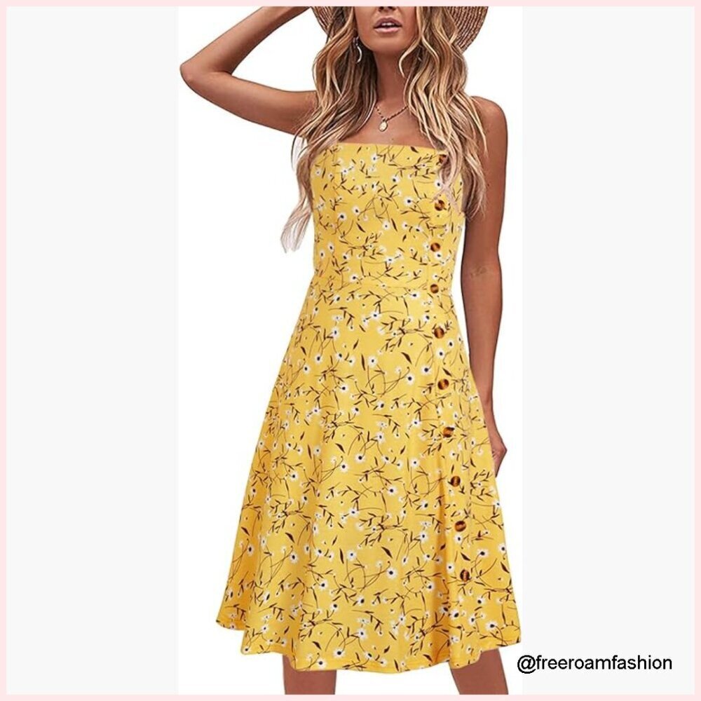 Cotton Blend A-Line Midi Sundress with Spaghetti Straps and Button Placket